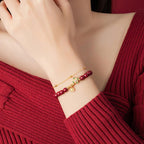 Fortune Jewel 925 Sterling Silver Natural Cinnabar Four Leaf Clover Flower Blessing Chain Bracelet