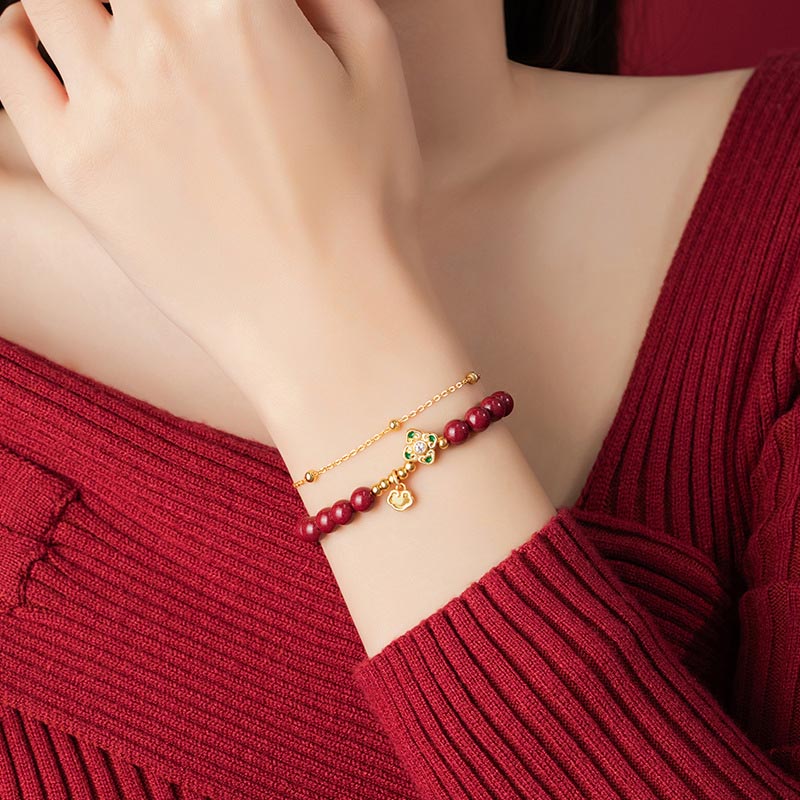 Fortune Jewel 925 Sterling Silver Natural Cinnabar Four Leaf Clover Flower Blessing Chain Bracelet