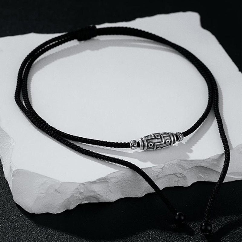 Fortune Jewel 999 Sterling Silver Nine-Eye Dzi Bead Pattern Protection Rope Necklace Pendant