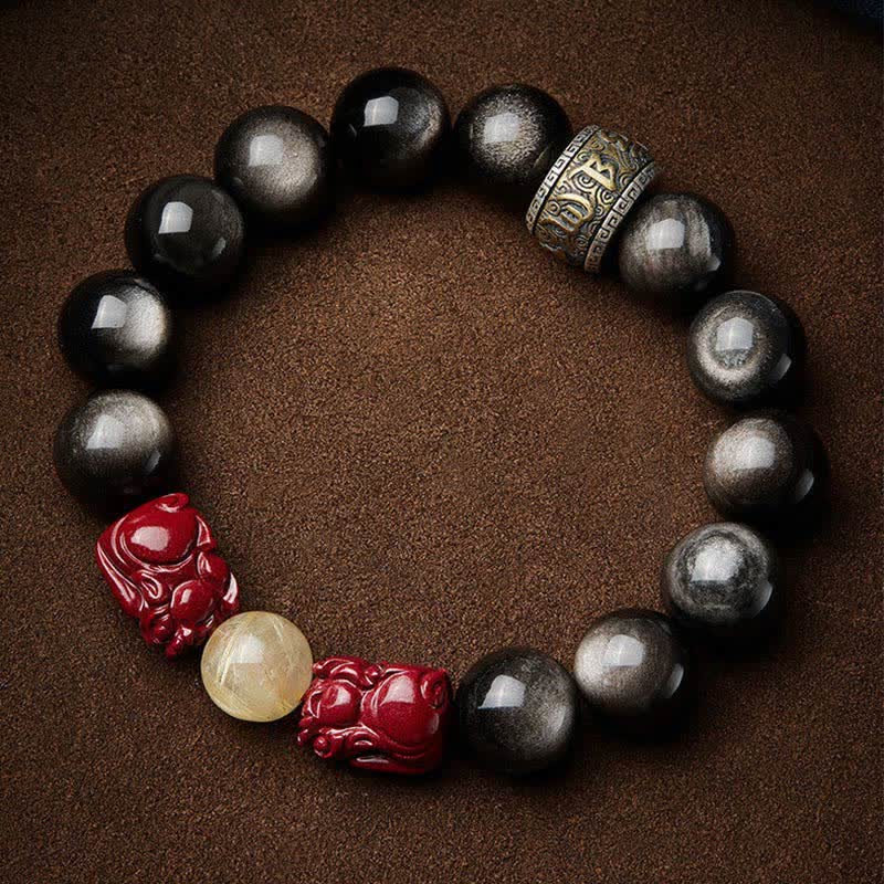Fortune Jewel Gold Sheen Obsidian PiXiu Cinnabar Om Mani Padme Hum Protection Bracelet