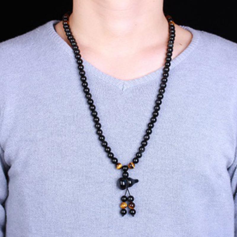 Fortune Jewel Natural Black Obsidian Rainbow Obsidian Gourd Blessing Bracelet Mala