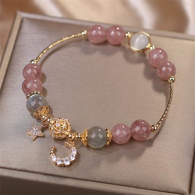 Fortune Jewel Strawberry Quartz Moonstone Moon Star Love Bracelet