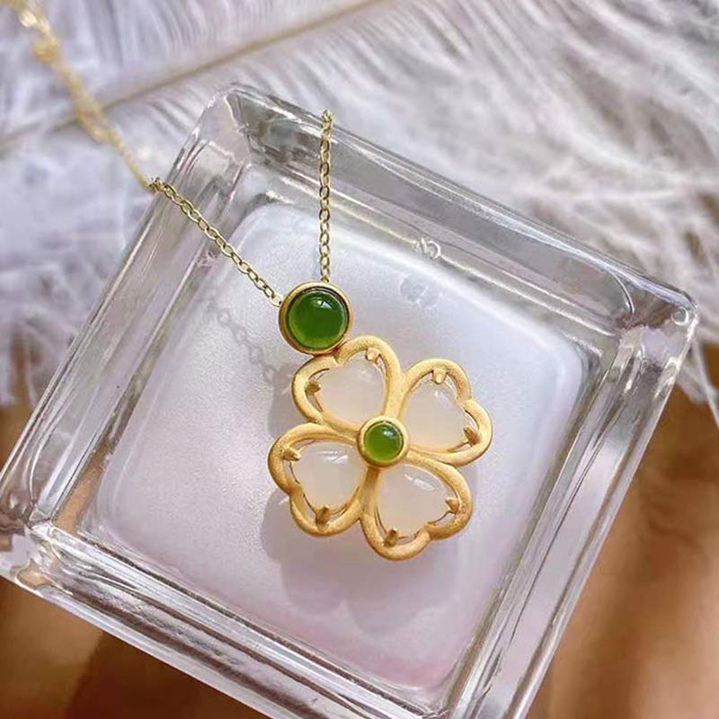 Fortune Jewel 925 Sterling Silver Lucky Four Leaf Clover Jade Prosperity Necklace Chain Pendant