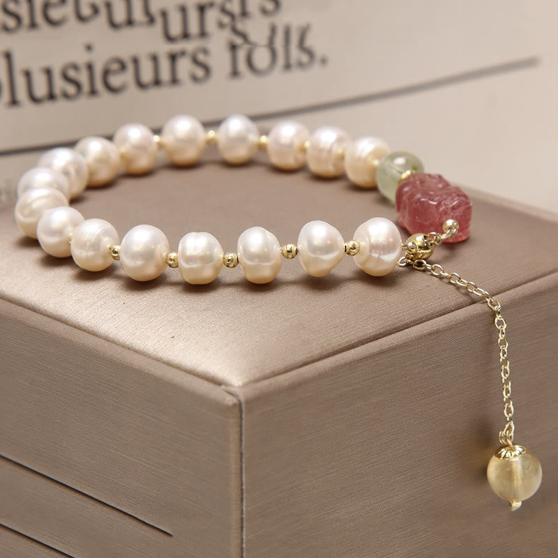 Fortune Jewel Natural Pearl Strawberry Quartz PiXiu Optimism Charm Bracelet