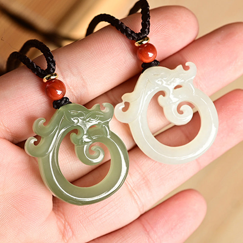 Fortune Jewel White Jade Cyan Jade Dragon Protection Necklace String Pendant Fortune Jewel
