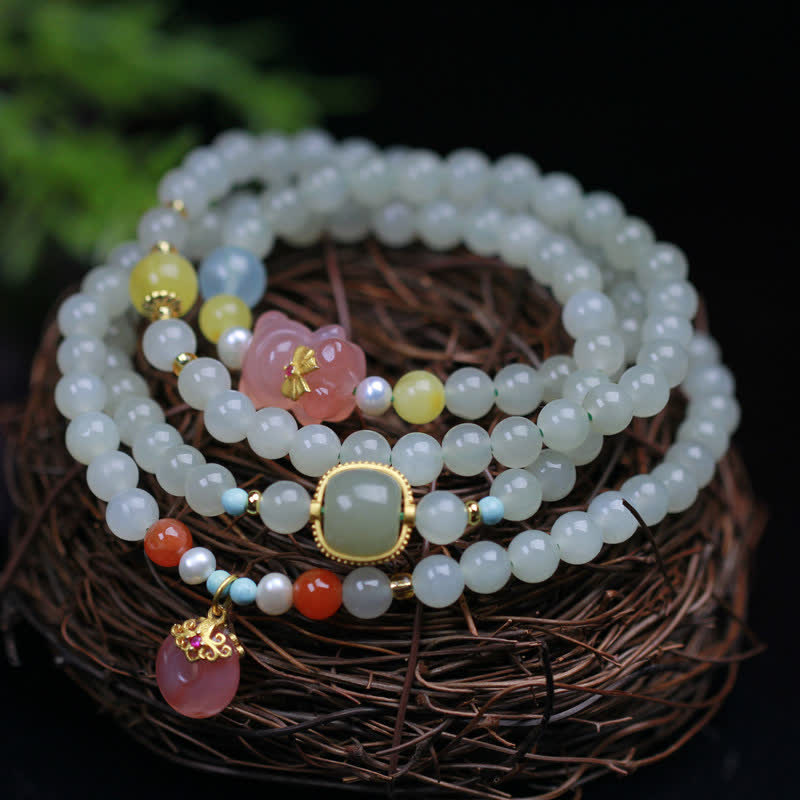 Fortune Jewel Natural Hetian Jade Pink Crystal Peace Buckle Happiness Abundance Bracelet