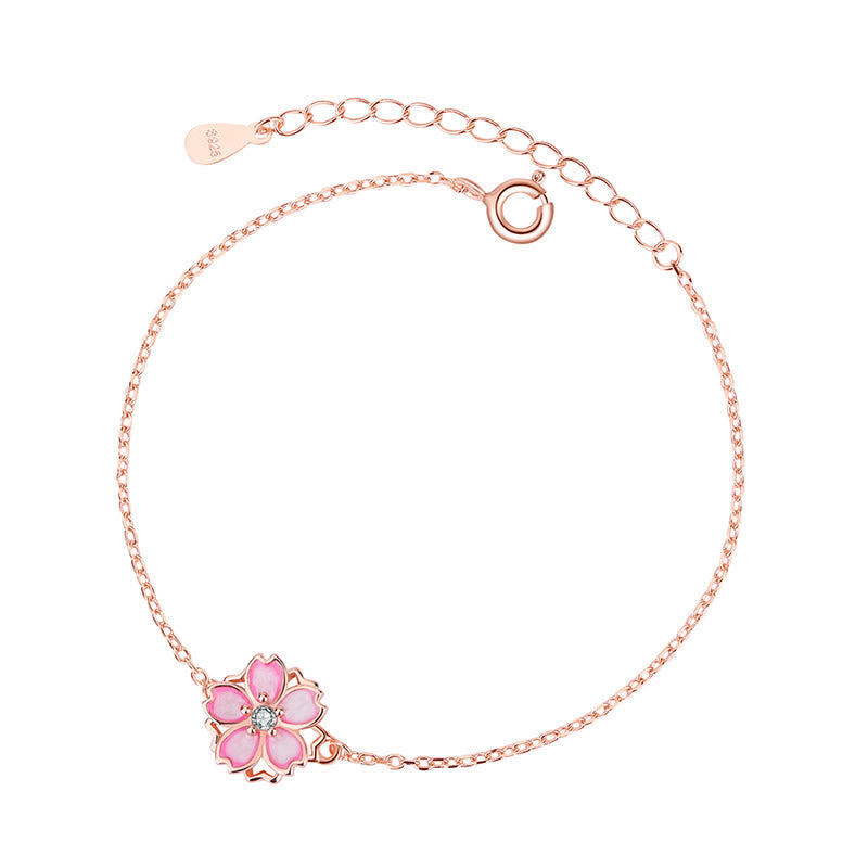 Fortune Jewel 925 Sterling Silver Cherry Blossom Blessing Chain Bracelet Rotatable Ring