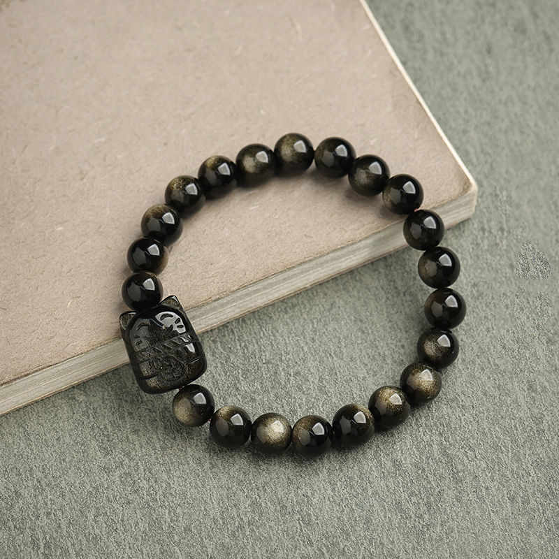 Fortune Jewel Gold Sheen Obsidian Silver Sheen Obsidian Lovely Paw Lucky Cat Protection Bracelet