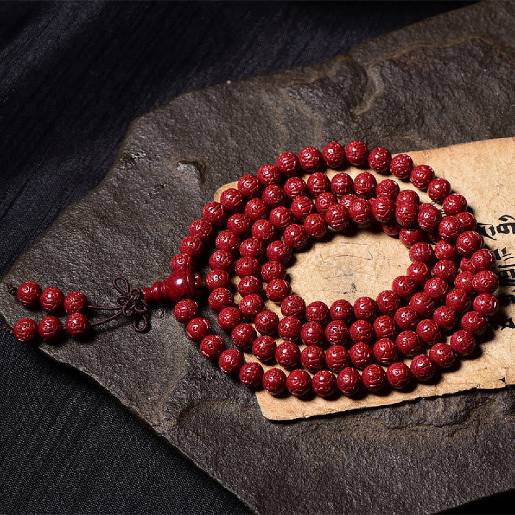 Fortune Jewel 108 Mala Beads Cinnabar Om Mani Padme Hum Pattern Engraved Blessing Bracelet