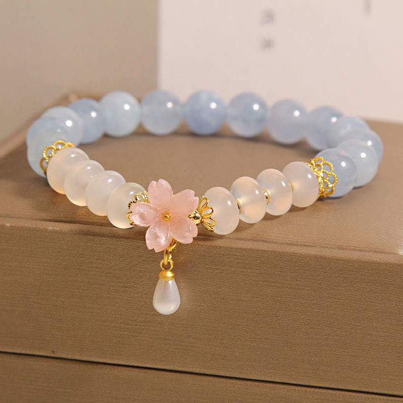 Fortune Jewel Aquamarine White Agate Pearl Abacus Beads Flower Healing Bracelet