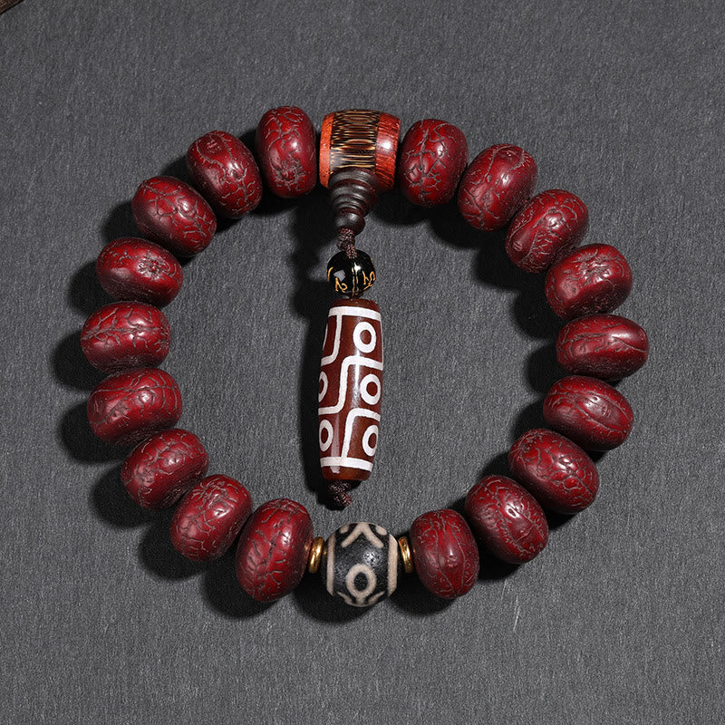 Fortune Jewel Tibet Bodhi Seed Dzi Bead Dancing Lion Luck Bracelet Wrist Mala