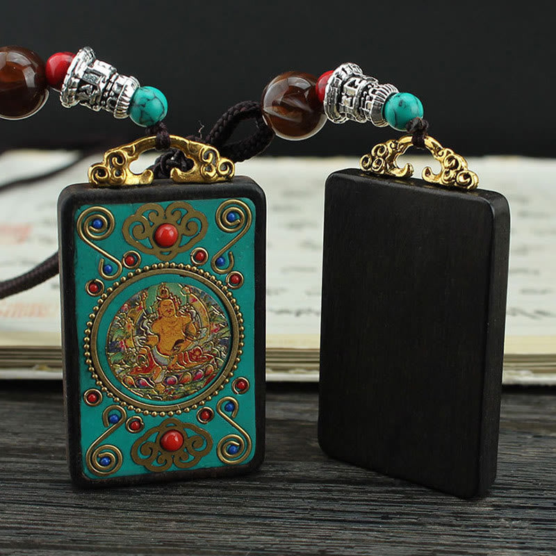 Fortune Jewel Tibet God Of Wealth Money Tree Golden Phoenix Thangka Ebony Peace Necklace Pendant