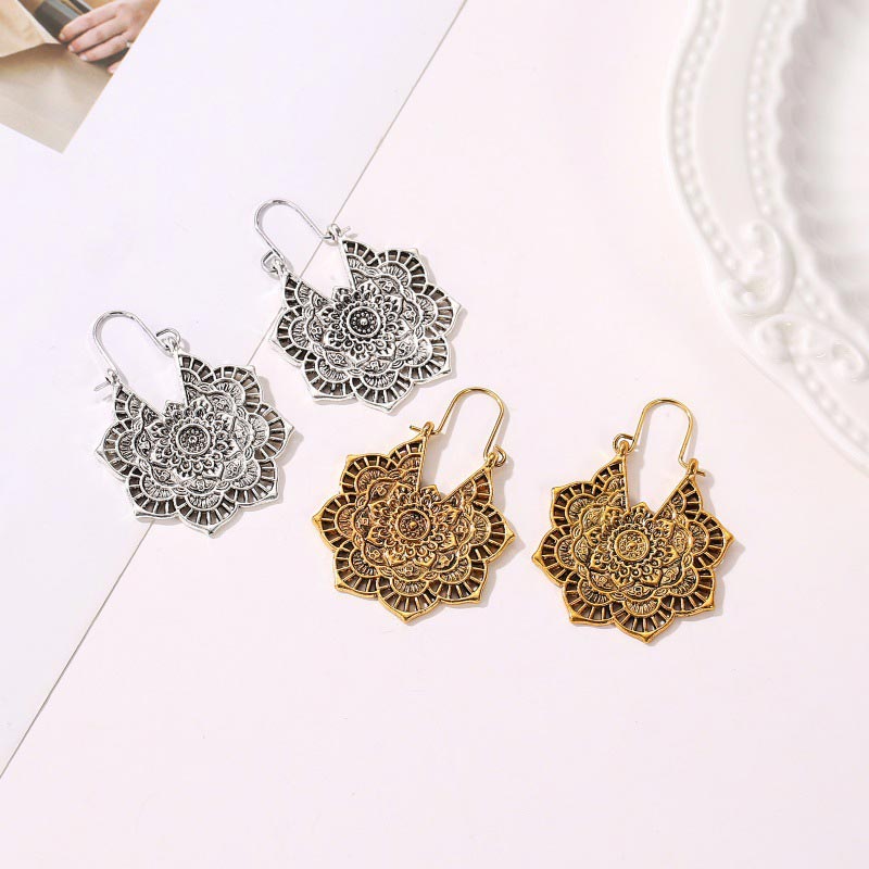 Fortune Jewel Tibetan Lotus Engraving Copper Blessing Drop Earrings