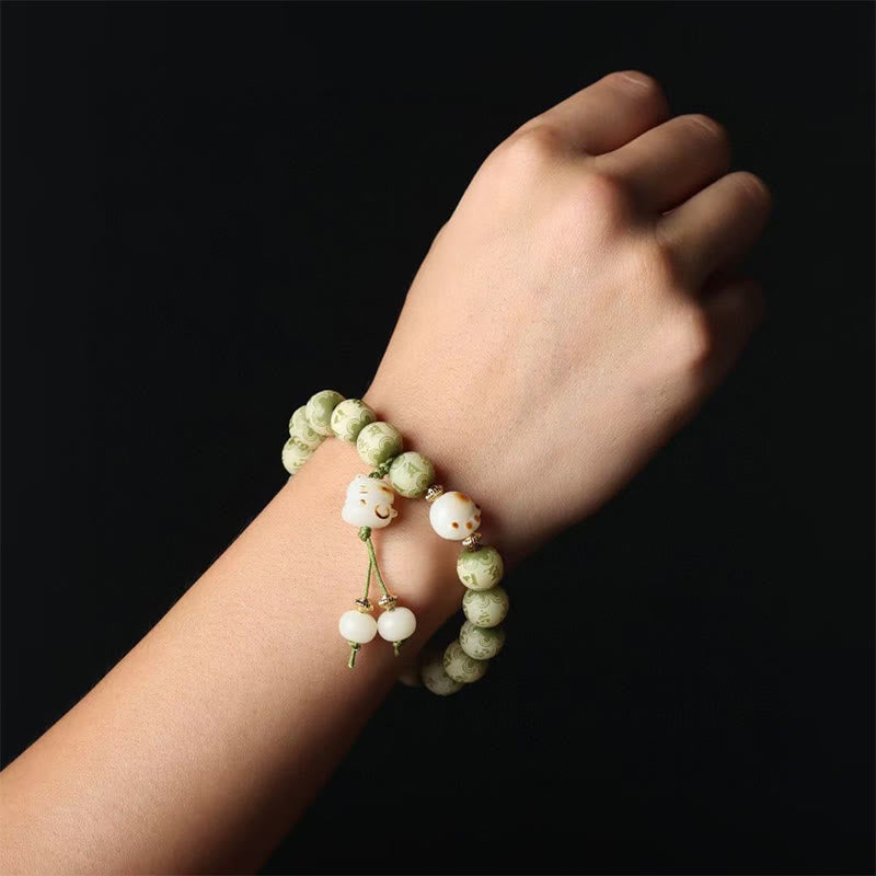 Fortune Jewel Green Bodhi Seed Cat Paw Om Mani Padme Hum Engraved Wisdom Bracelet