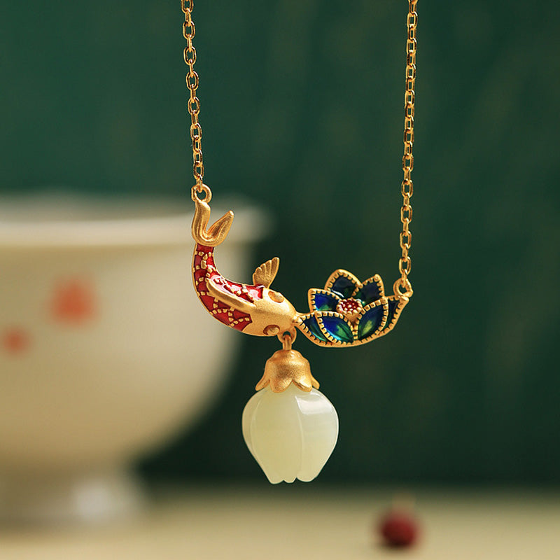 Fortune Jewel White Jade Koi Fish Lotus Copper Protection Necklace Pendant Fortune Jewel