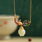 Fortune Jewel White Jade Koi Fish Lotus Copper Protection Necklace Pendant Fortune Jewel
