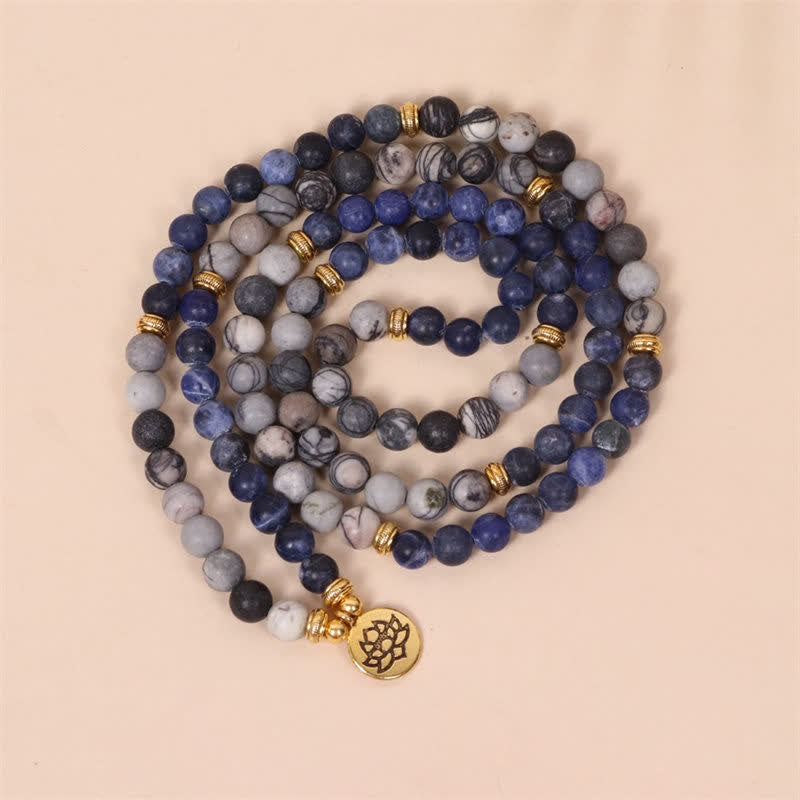 Fortune Jewel 108 Mala Beads Sodalite Zebra Jasper Crystal Lotus Strength Bracelet