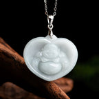 Fortune Jewel Laughing Buddha White Jade Luck Blessing Titanium Steel Chain Necklace Pendant Fortune Jewel