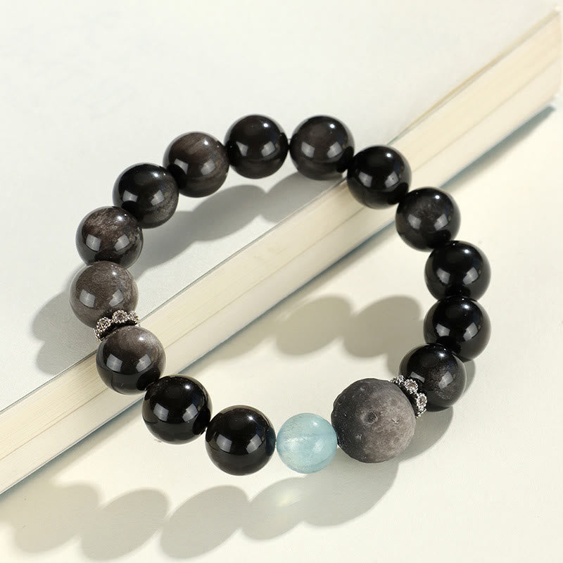 Fortune Jewel Natural Silver Sheen Obsidian Cat Head Fox Planet Protection Bracelet