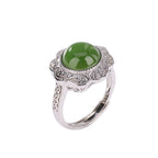 Fortune Jewel 925 Sterling Silver Hetian Cyan Jade Flower Design Luck Adjustable Ring