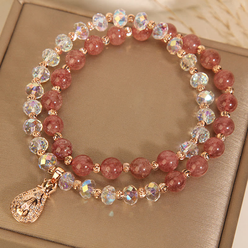 Fortune Jewel Strawberry Quartz White Crystal Money Bag Charm Positive Bracelet