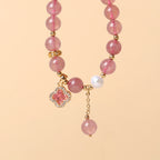 Fortune Jewel Strawberry Quartz Pearl Four Leaf Clover Charm Healing Bracelet