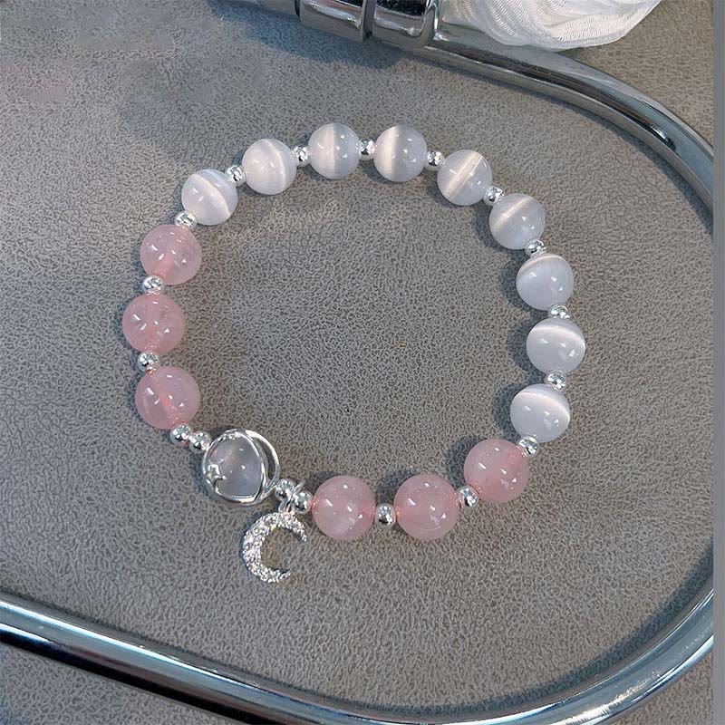 Fortune Jewel Natural Cat's Eye Pink Crystal Moon Love Charm Bracelet