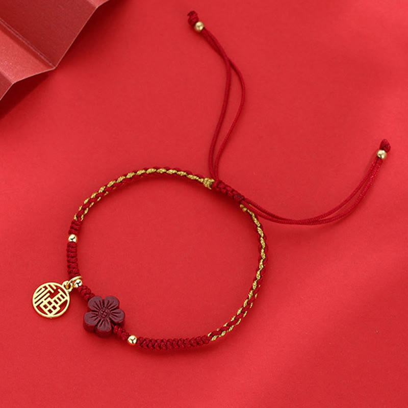 Fortune Jewel Cinnabar Flower Fu Character Blessing Braided String Bracelet