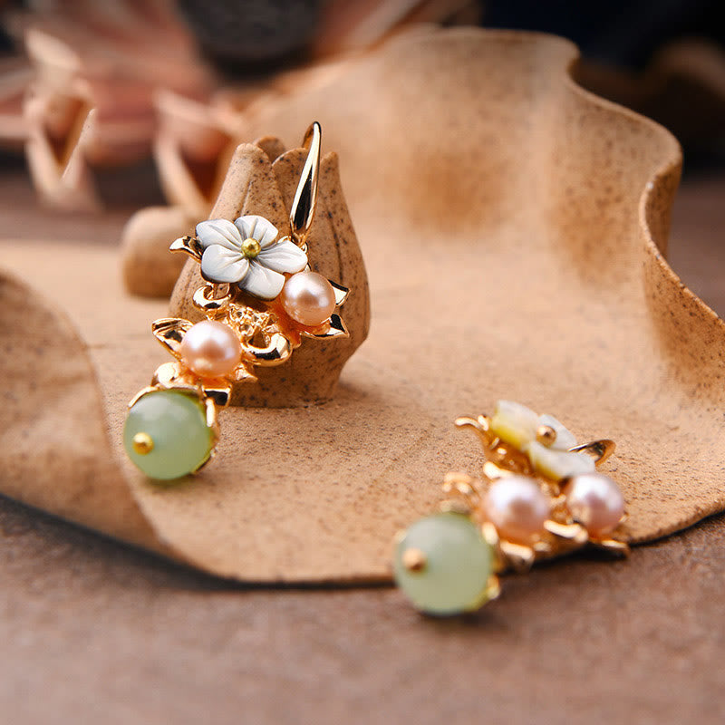 Fortune Jewel 14K Gold Plated Tridacna Stone Flower Pearl Green Aventurine Bead Drop Earrings