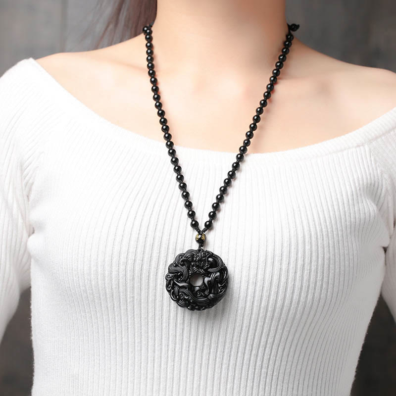 Fortune Jewel Natural Black Obsidian Peace Buckle Pixiu Purification Necklace Pendant