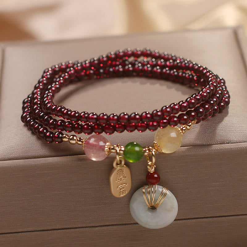 Fortune Jewel Natural Garnet Strawberry Quartz Crystal Fox Koi Fish Peace Buckle Fortune Protection Triple Wrap Bracelet
