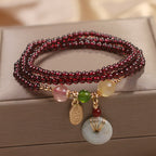 Fortune Jewel Natural Garnet Strawberry Quartz Crystal Fox Koi Fish Peace Buckle Fortune Protection Triple Wrap Bracelet