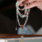 Fortune Jewel 108 Mala Beads 925 Sterling Silver Natural White Agate Red Agate Quadruple Wrap Protection Bracelet