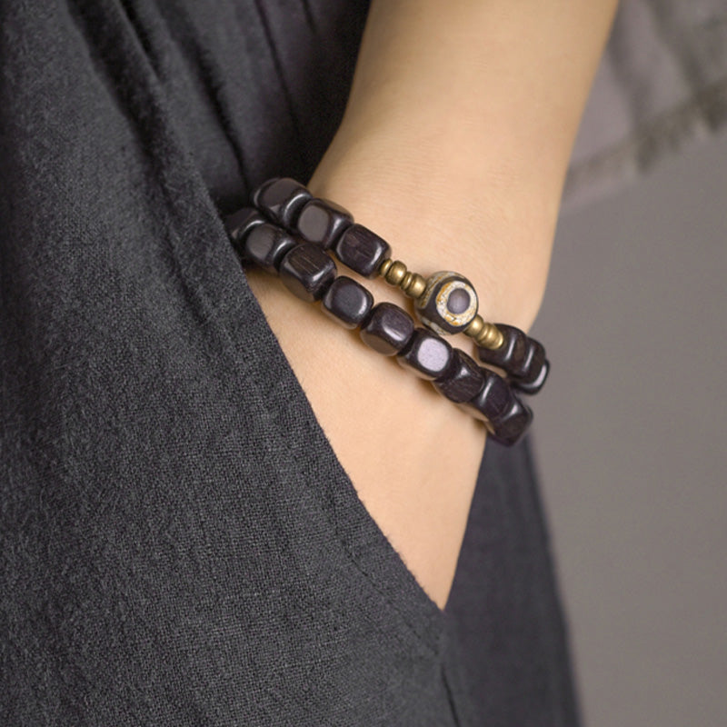 Fortune Jewel Ebony Wood Dzi Bead Copper Peace Couple Bracelet