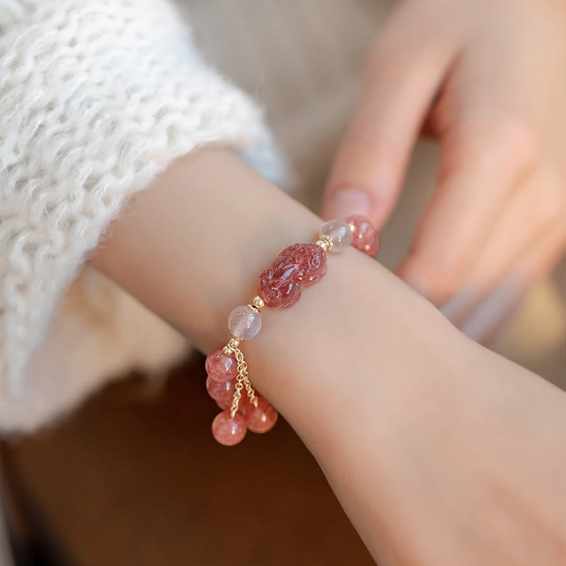 Fortune Jewel Natural Strawberry Quartz Moonstone PiXiu Love Healing Bracelet