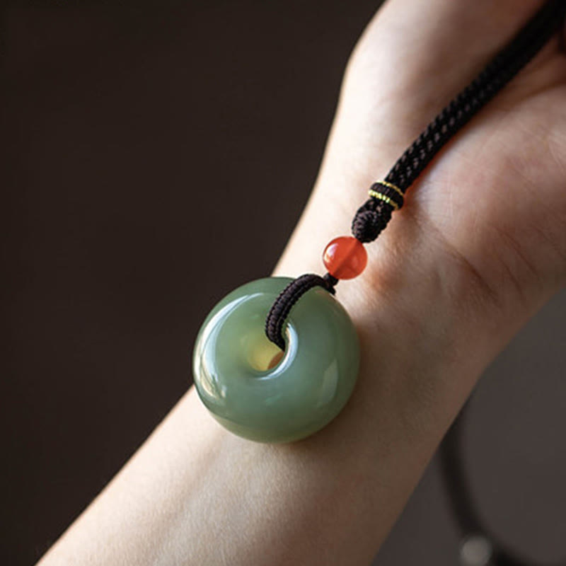 Fortune Jewel Natural Round Jade Peace Buckle Lotus Abundance String Necklace Pendant Fortune Jewel