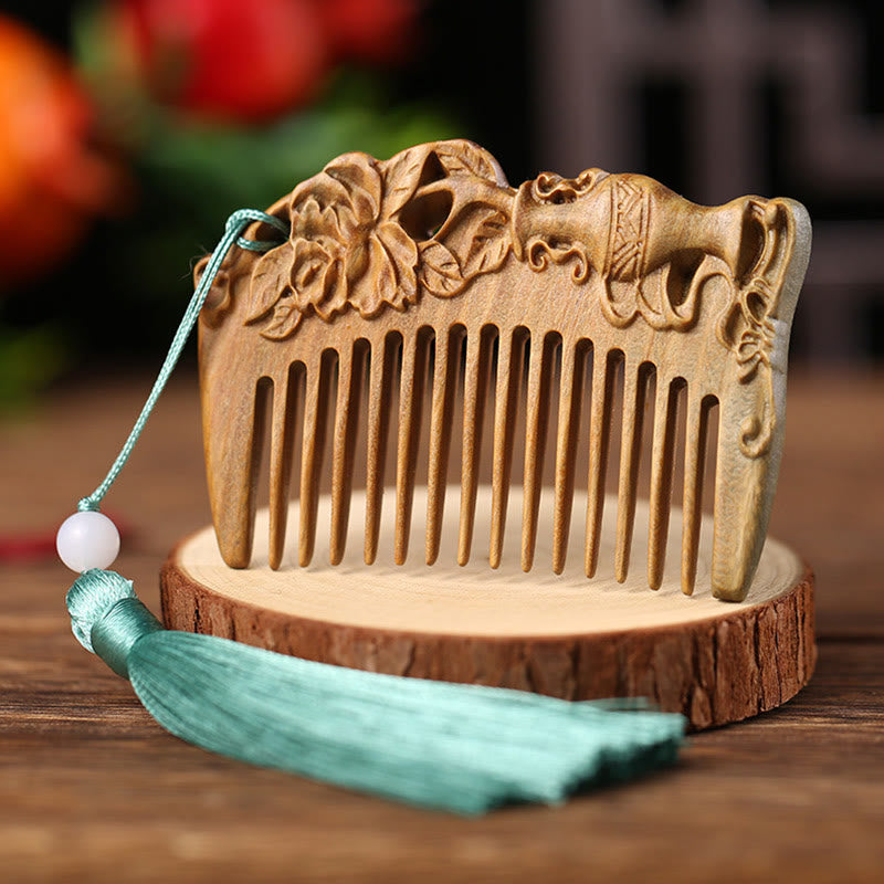 Fortune Jewel Green Sandalwood Fox Peony Flower Lotus Engraved Cure Tassel Comb Fortune Jewel