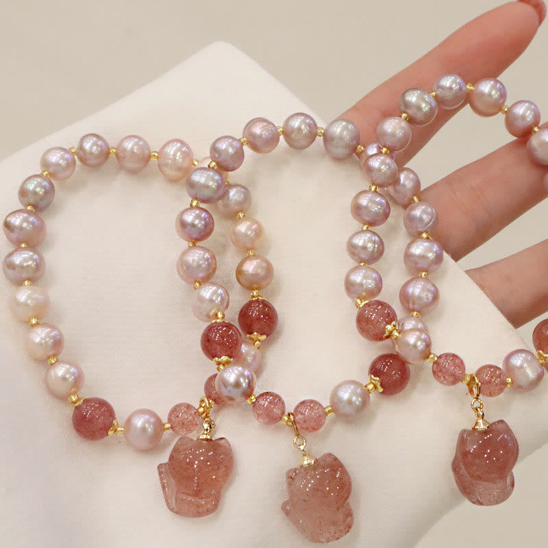 Fortune Jewel Natural Pearl Strawberry Quartz Cute Fox Love Healing Charm Bracelet