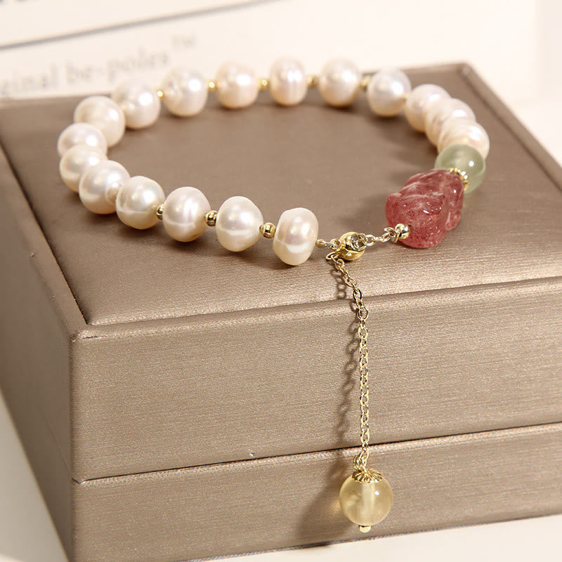 Fortune Jewel Natural Pearl Strawberry Quartz PiXiu Optimism Charm Bracelet