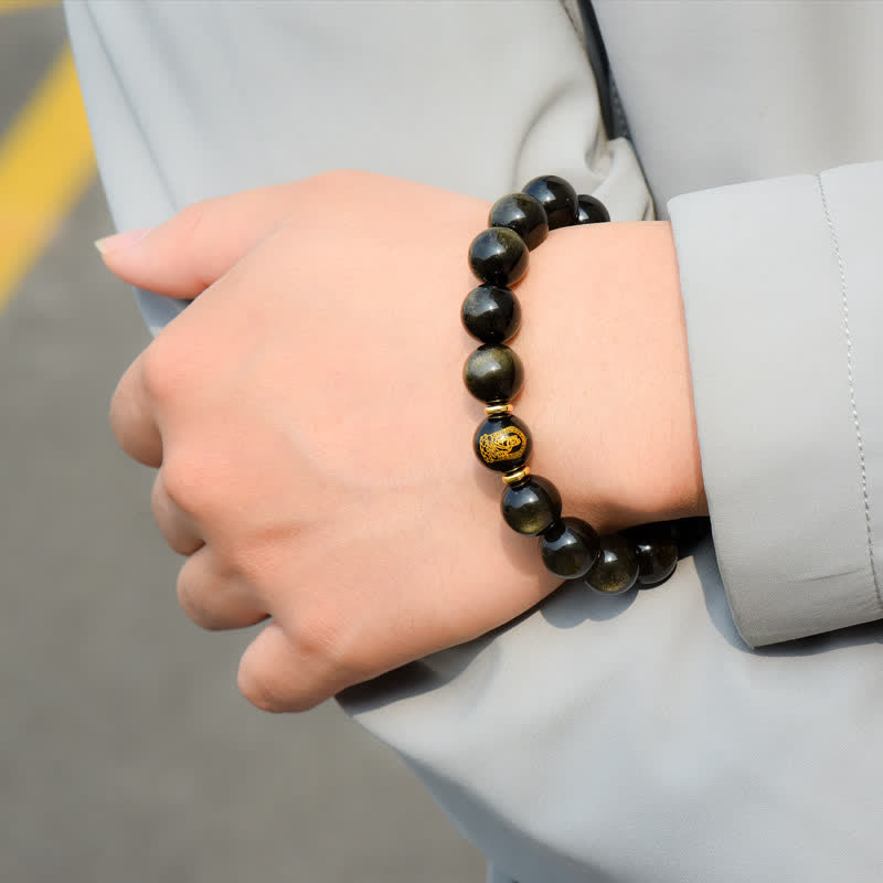 Fortune Jewel Chinese Zodiac Natal Buddha Gold Sheen Obsidian Wealth Protection Bracelet
