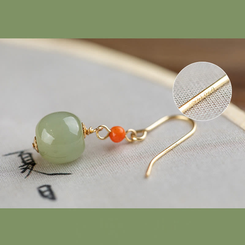 Fortune Jewel 925 Sterling Silver Plated 14k Gold Hetian Jade Red Agate Luck Drop Dangle Earrings