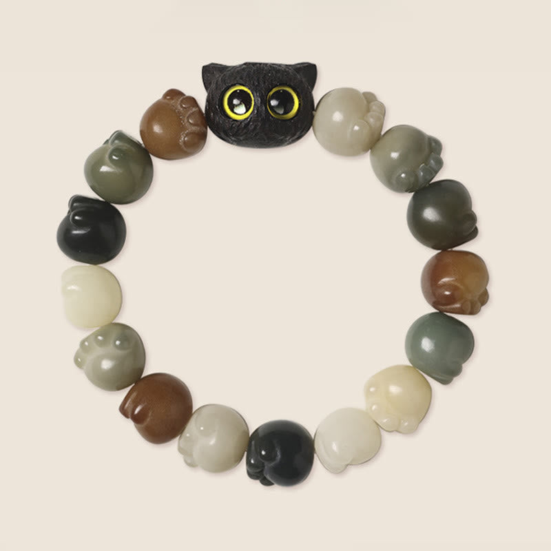 Fortune Jewel Natural Bodhi Seed Lovely Paw Ebony Wood Lucky Cat Wisdom Bracelet