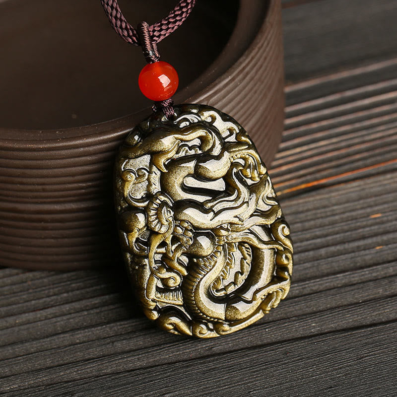 Fortune Jewel Gold Sheen Obsidian Dragon Pattern Success Necklace Pendant
