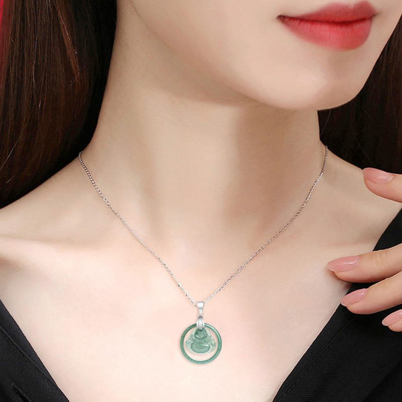 Fortune Jewel Natural Jade Round Laughing Buddha Abundance Titanium Steel Chain Necklace Pendant Fortune Jewel