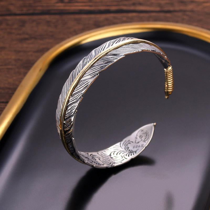 Fortune Jewel Feather Pattern Carved Luck Wealth Cuff Bracelet Bangle