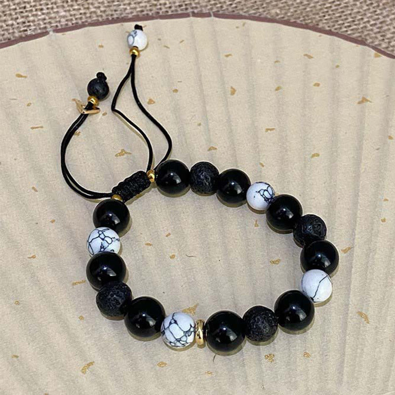 Fortune Jewel Black Obsidian Lava Rock Stone Yin Yang Strength Bracelet