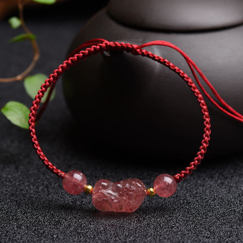 Fortune Jewel Natural Strawberry Quartz PiXiu Lucky Red String Bracelet
