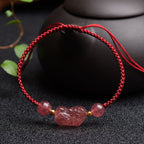 Fortune Jewel Natural Strawberry Quartz PiXiu Lucky Red String Bracelet