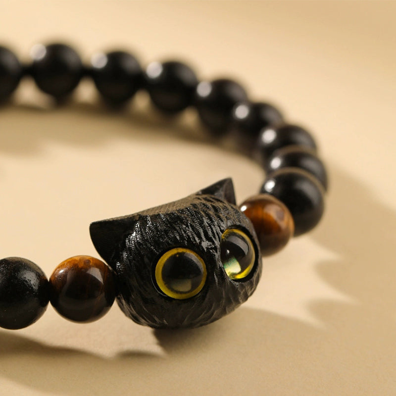 Fortune Jewel Cute Ebony Wood Cat Head Pattern Peace Bracelet