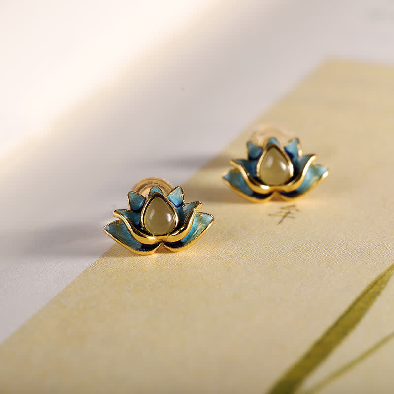 925 Sterling Silver Hetian Cyan Jade Lotus Flower Success Earrings Fortune Jewel